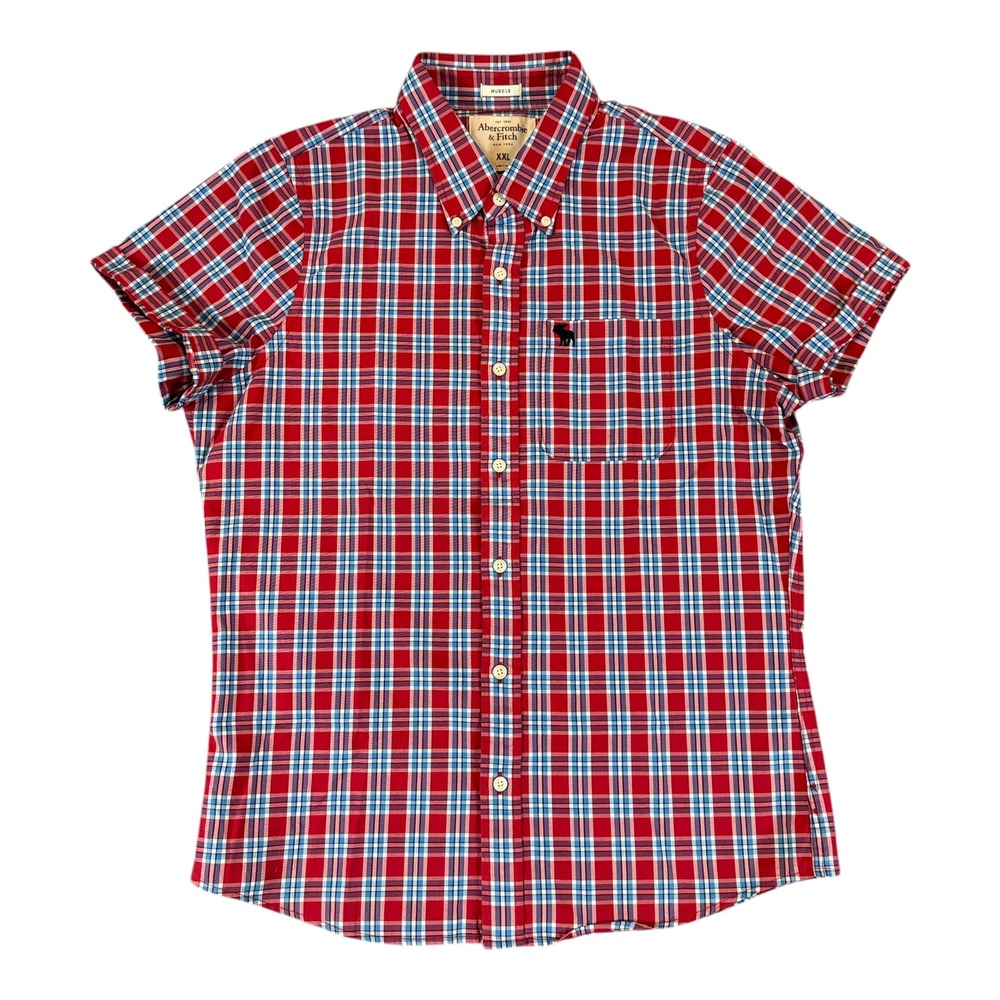 Abercrombie & Fitch YOUTH Button Up Shirt  XXL Red Plaid Muscle Fit Short Sleeve